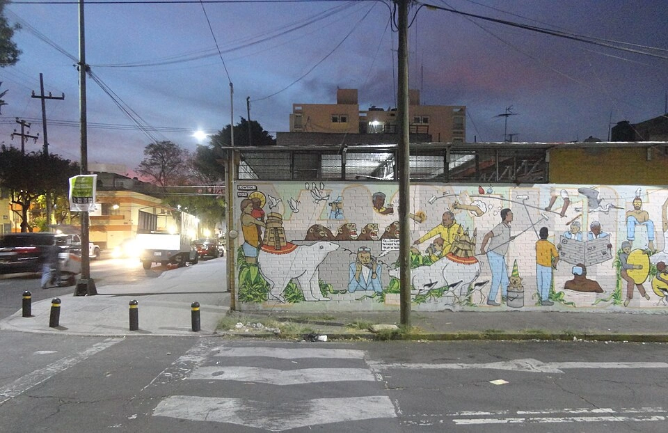 Large mural in Mexico City showing Mexican public art and social memory.